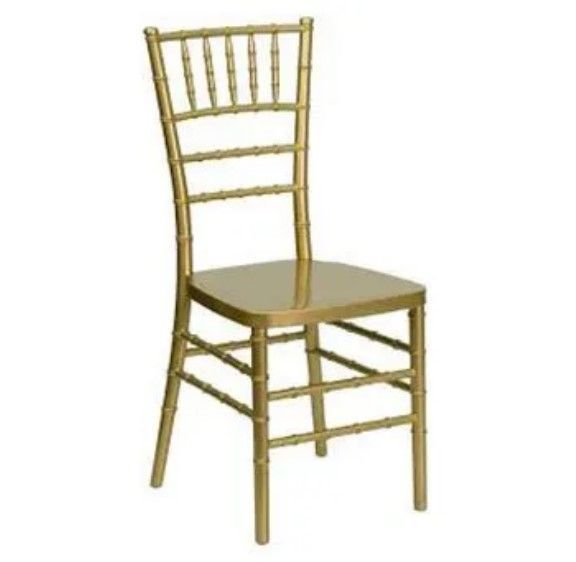 A gold chair with a wooden seat on a white background