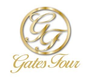 A gold logo for gates four on a white background