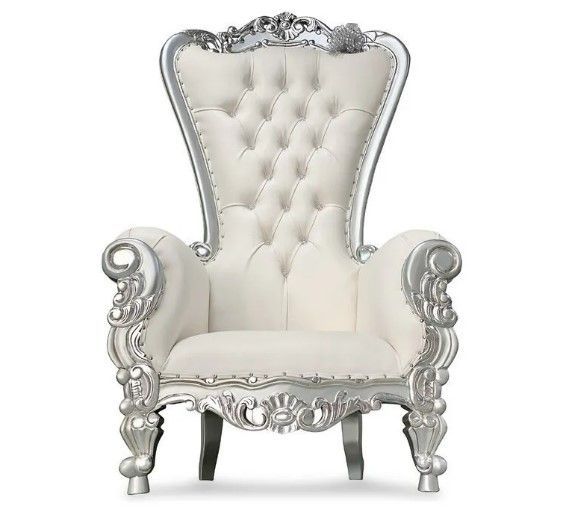 A white and silver throne chair on a white background.