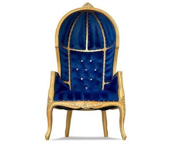 A blue and gold chair on a white background