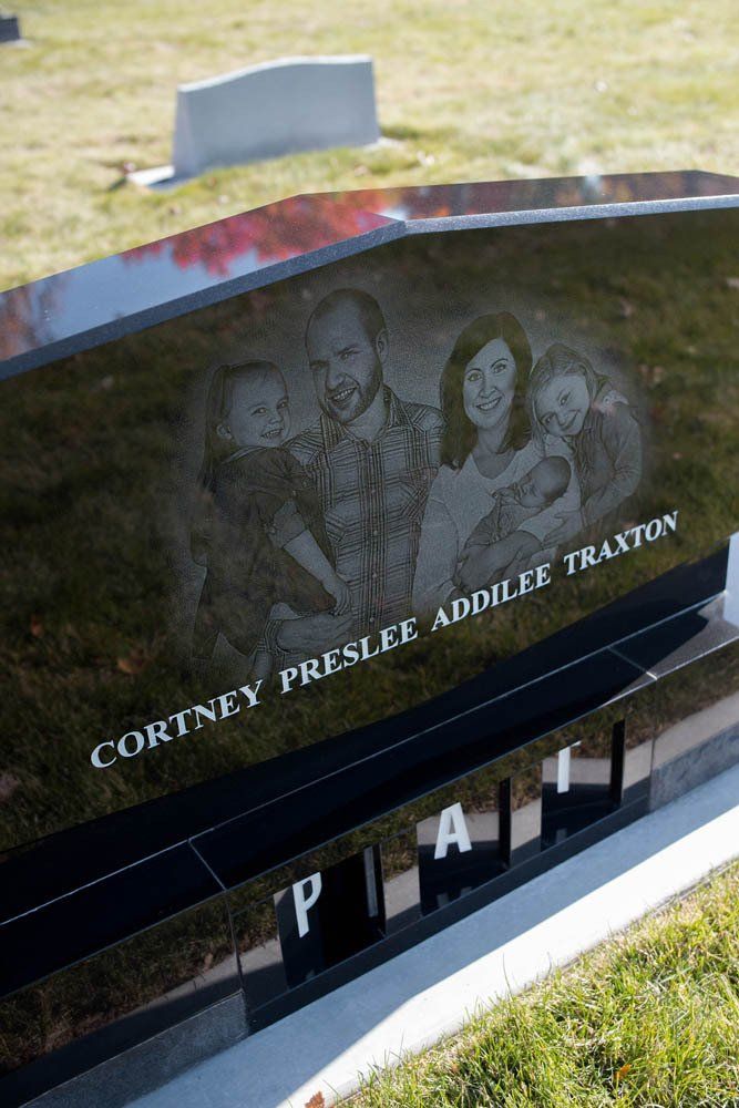 Etched portrait-style headstone for Cortney Presley Addilee Traxton featuring a family scene