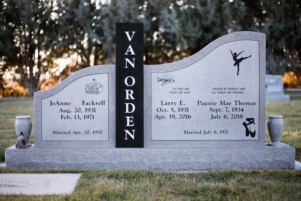 Front view of Van Orden double headstone with custom engraving and black center column