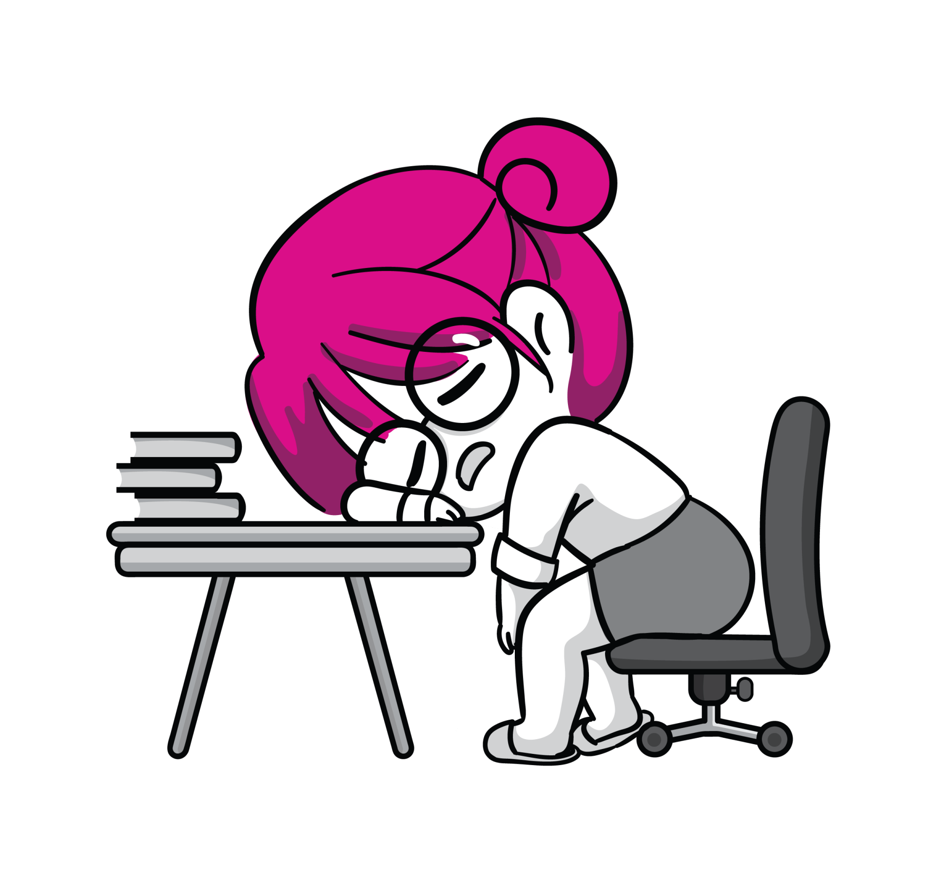 a cartoon of a woman sitting at a desk with her head on the table .