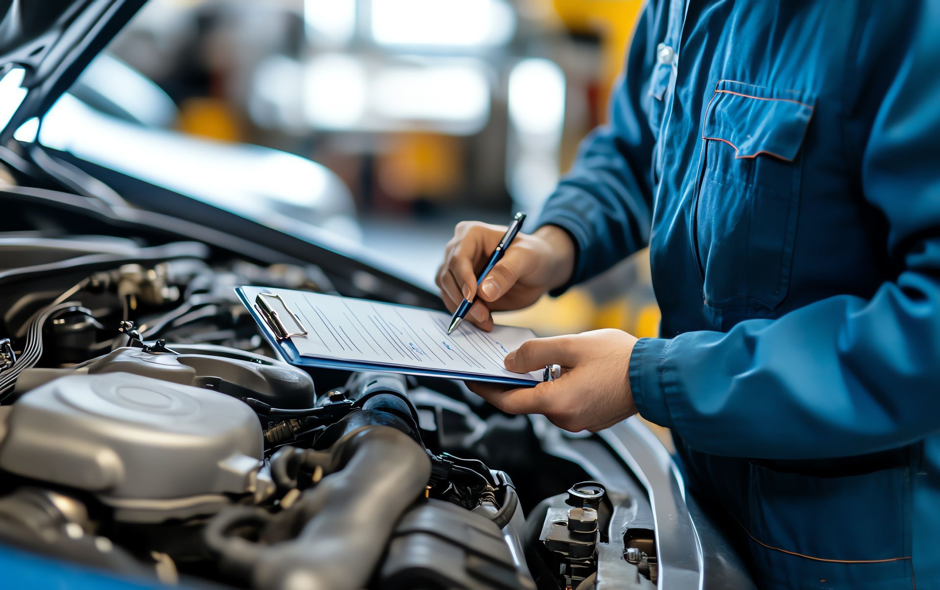 Mechanic in blue coveralls writing notes beside an open car engine in a garage