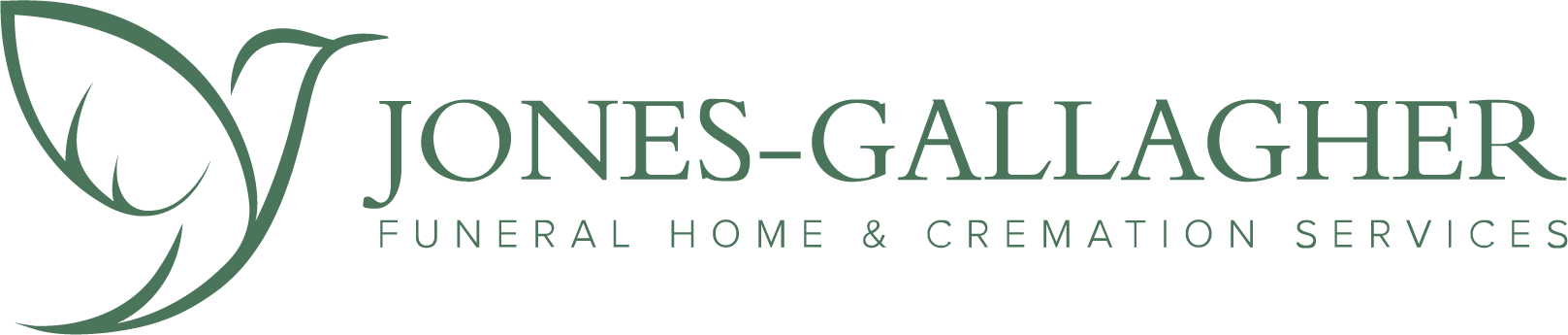 Jones-Gallagher Funeral Home & Cremation Services logo with green stylized leaf icon