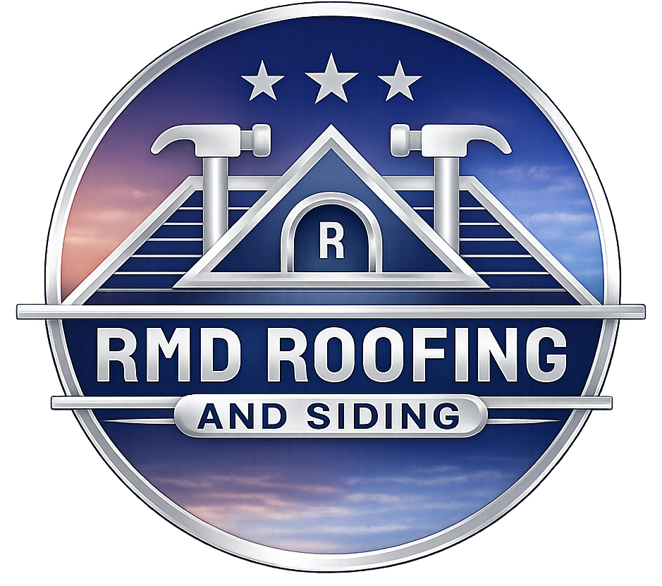 RMD Roofing and Siding logo: circular design with a house outline, hammers, and text on a cloudy background.