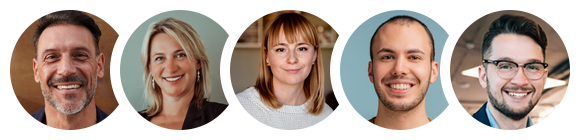 Five people smiling in circular profile photos.