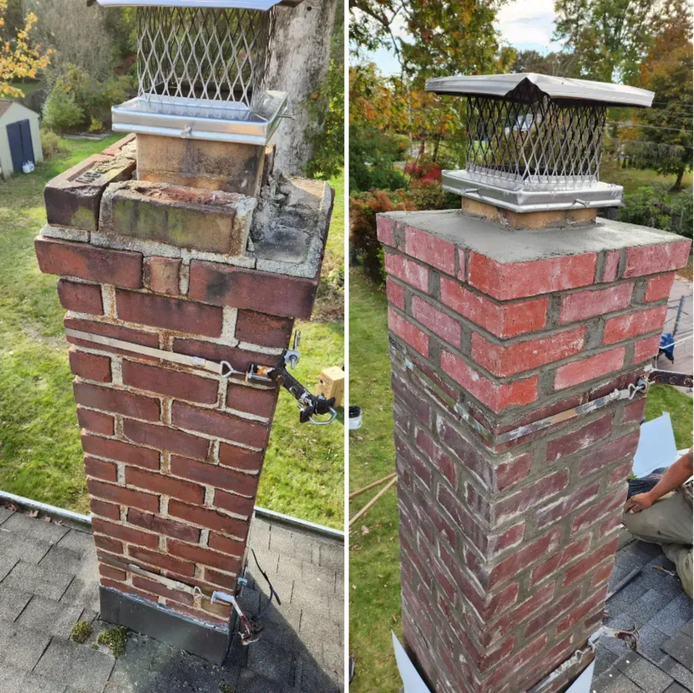 Before and after photos of a brick chimney with the top cleaned and repaired.