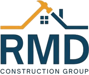 Logo: Yellow hammer and house outline over blue