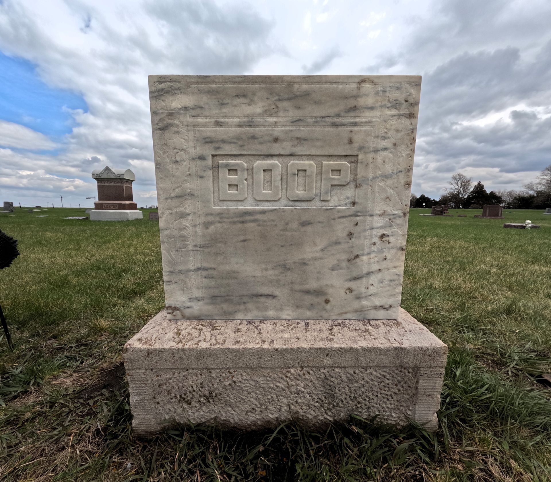 A gravestone in a cemetery that says boop