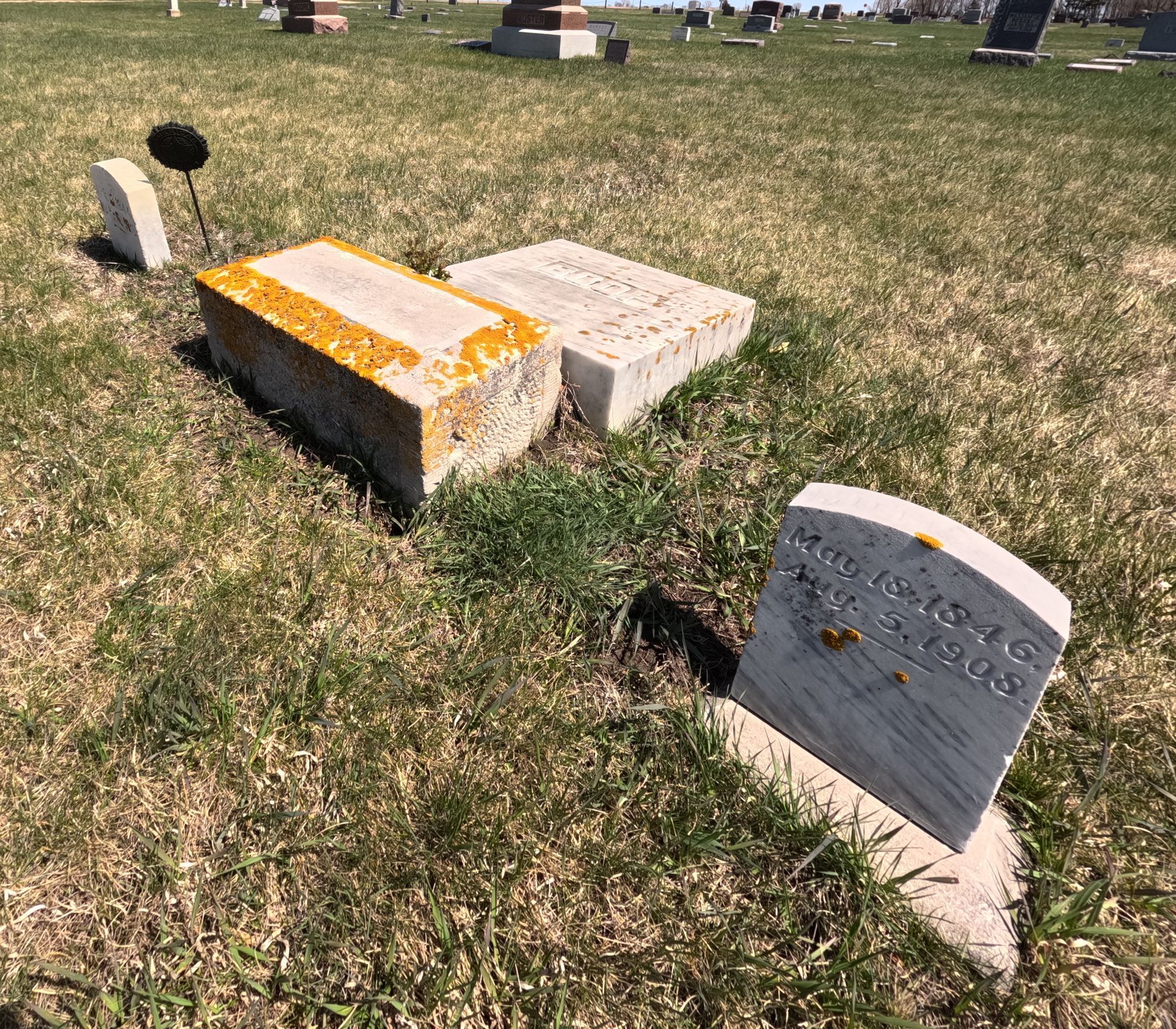 A cemetery with a few graves in the grass