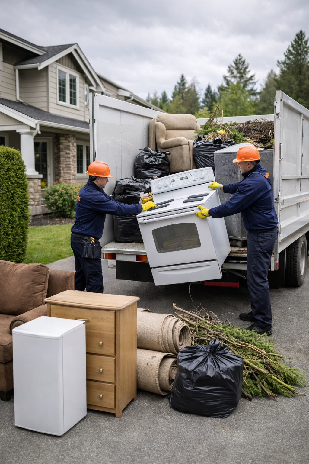 Two workers loading a white oven into a truck, alongside other discarded items like furniture and trash bags.