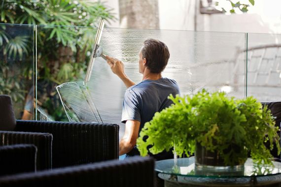 Man cleaning glass barrier with squeegee next to green plants.