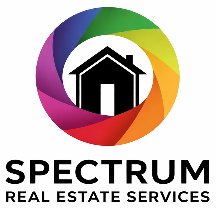 Logo: House silhouette inside a multicolored circular gradient, with "SPECTRUM REAL ESTATE SERVICES" text below.