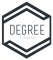 the logo for degree fitness is black and white and looks like a hexagon .