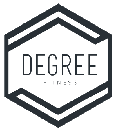 the logo for degree fitness is black and white and looks like a hexagon .