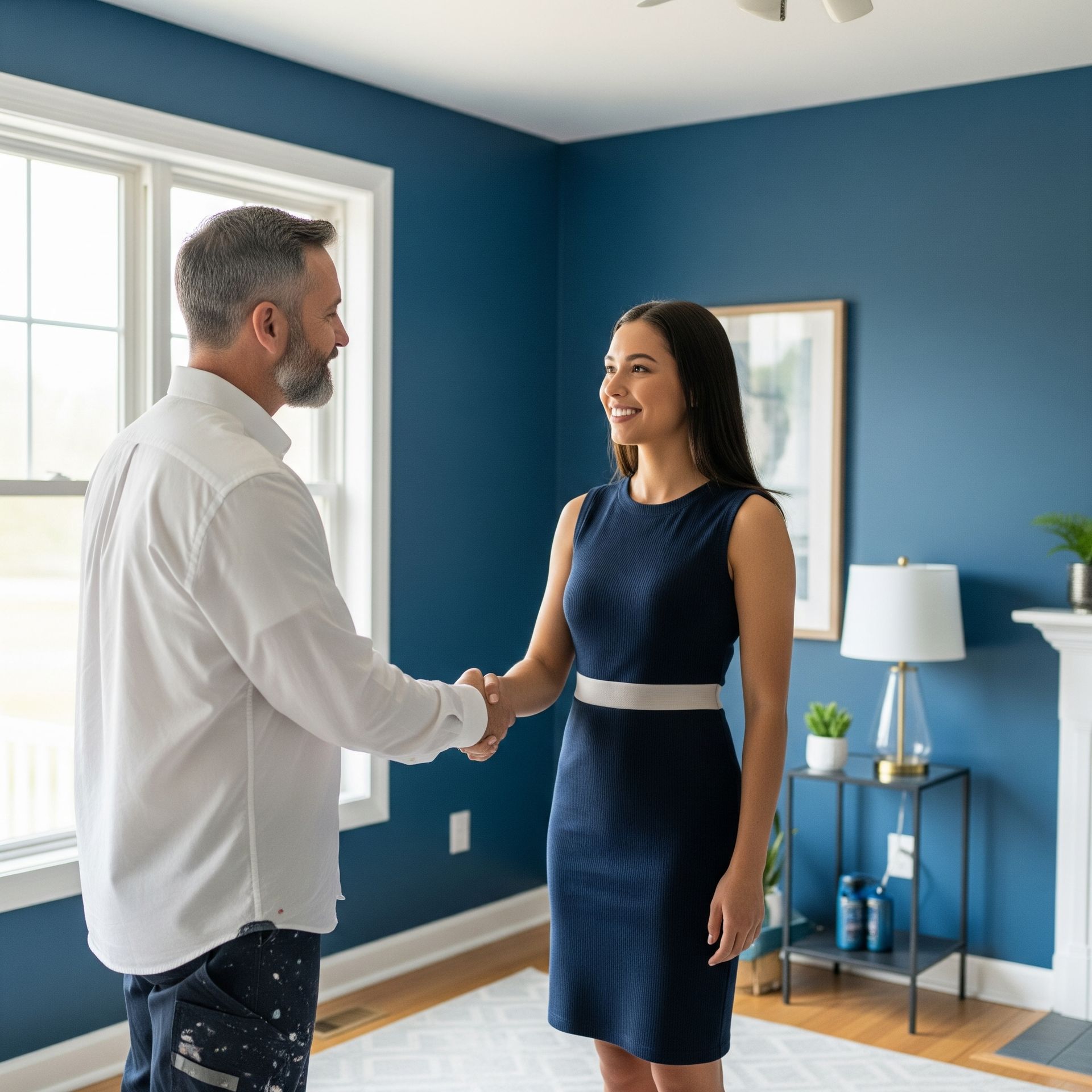 A man and woman shaking hands in a living room with blue walls
