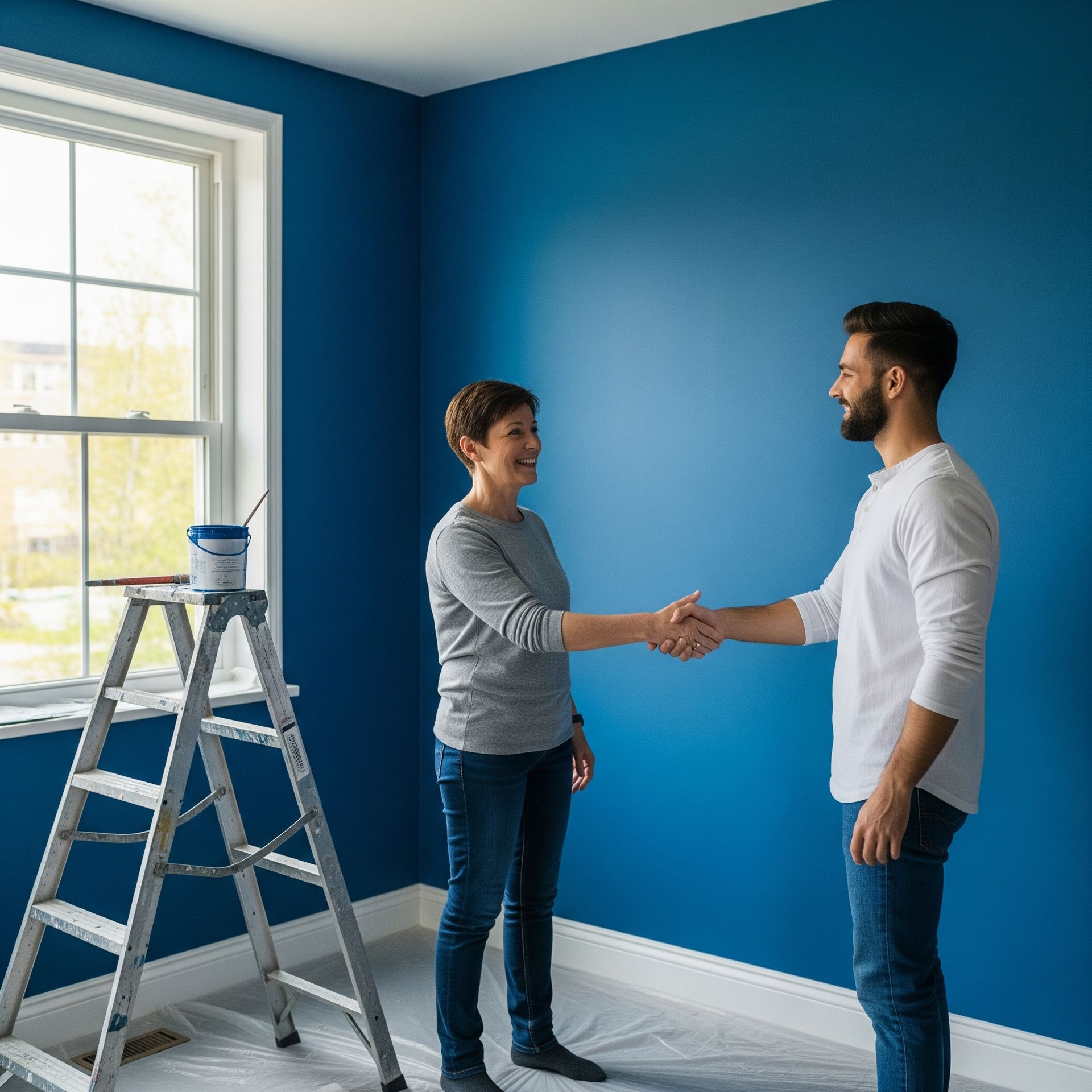 A man and a woman are shaking hands in a room with blue walls.