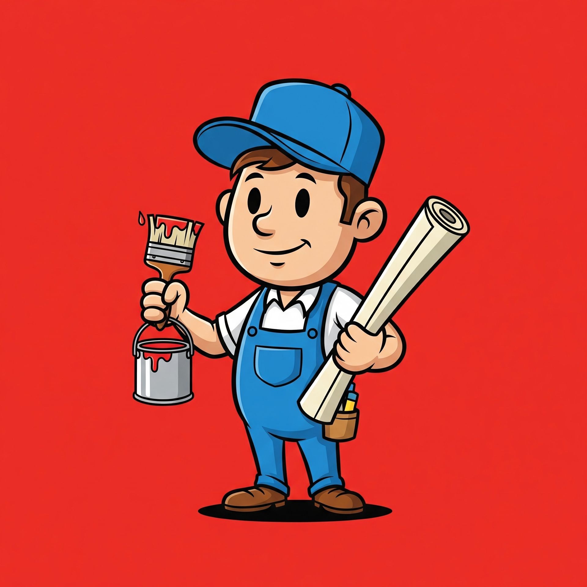 A cartoon of a painter holding a bucket of paint and a roll of wallpaper.