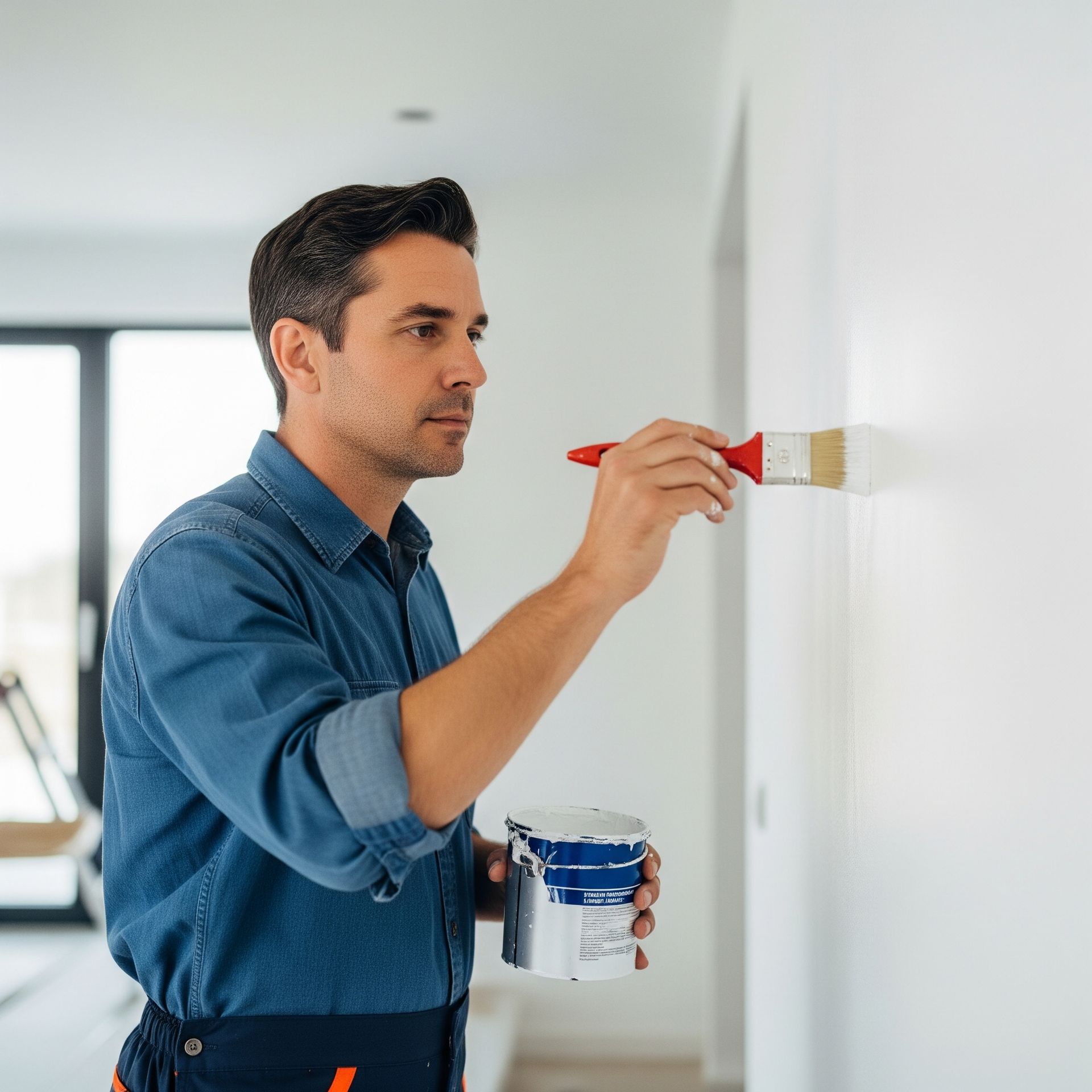 A man is painting a wall with a brush while holding a can of paint.