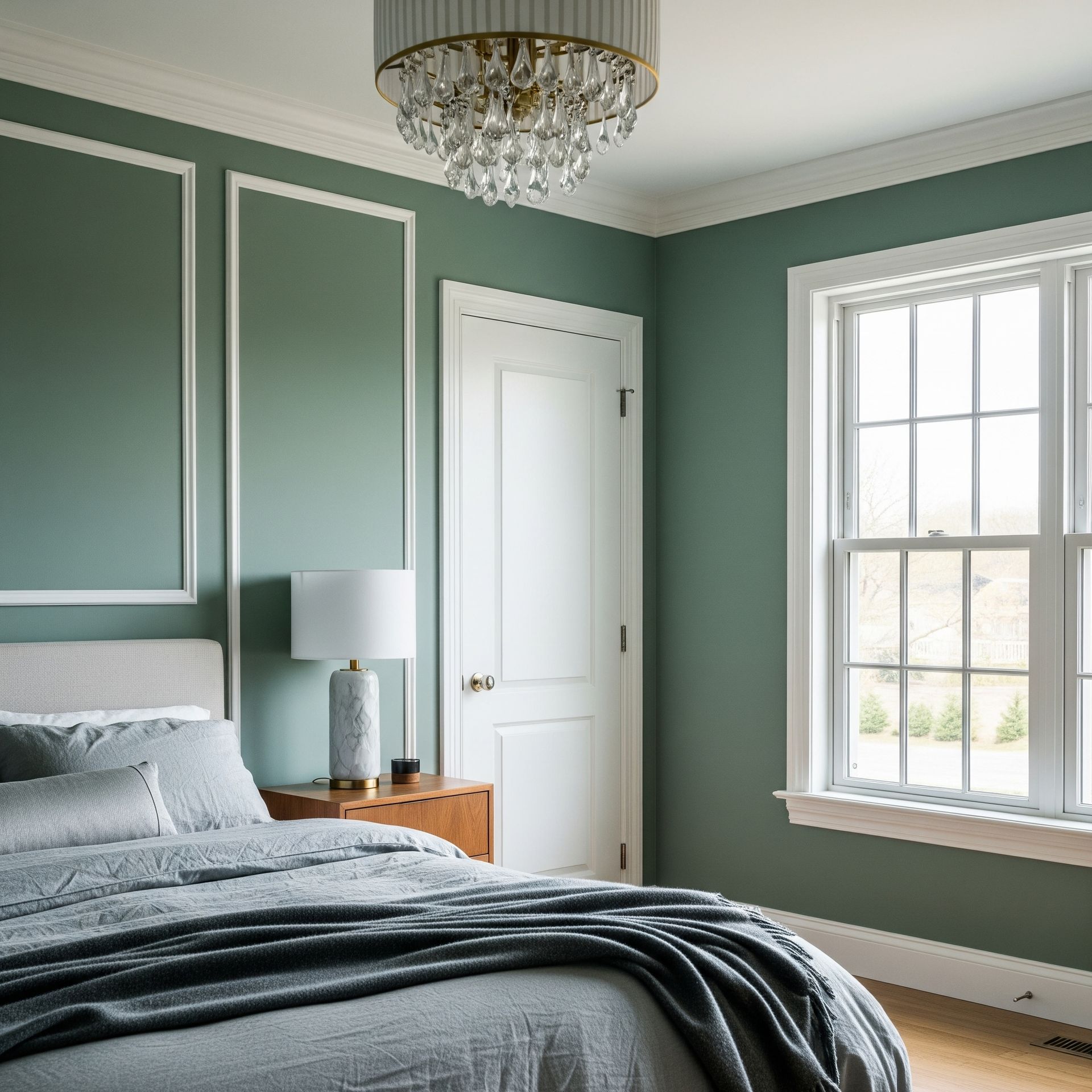 A bedroom with green walls , a bed , a lamp , and a window.
