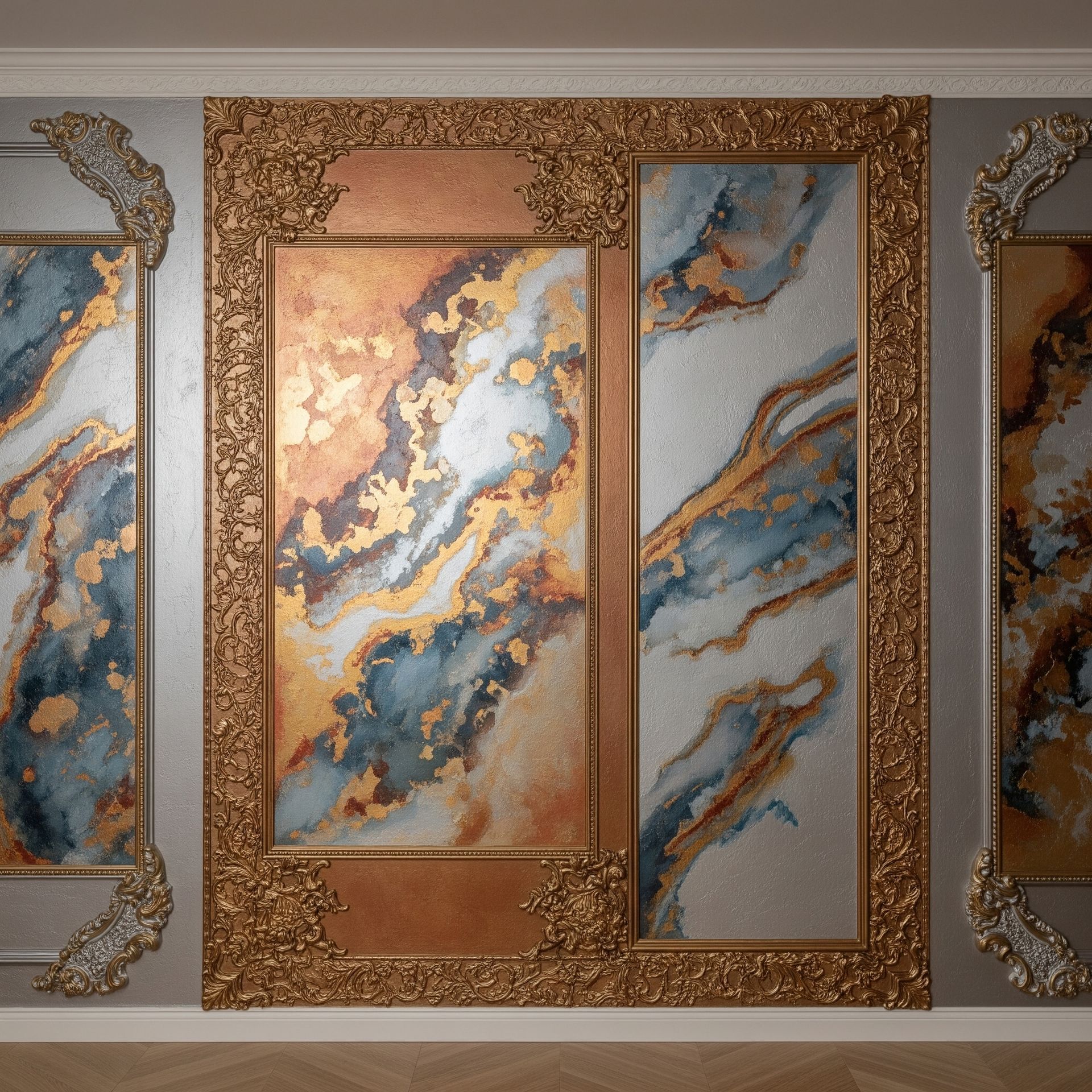 Three paintings on a wall with gold frames