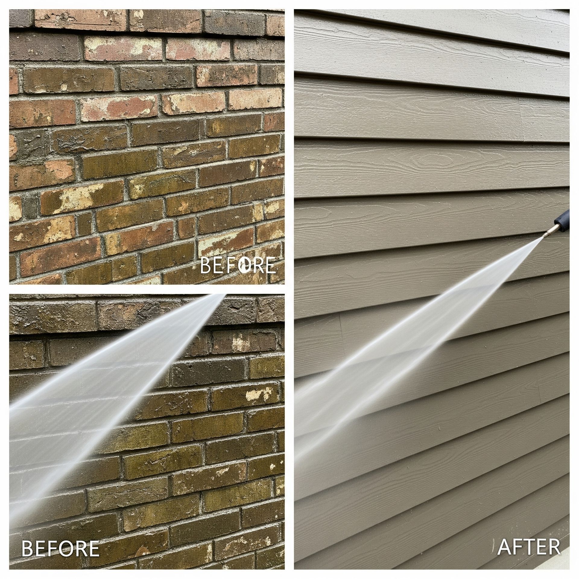 A before and after picture of a brick wall being cleaned with a pressure washer.