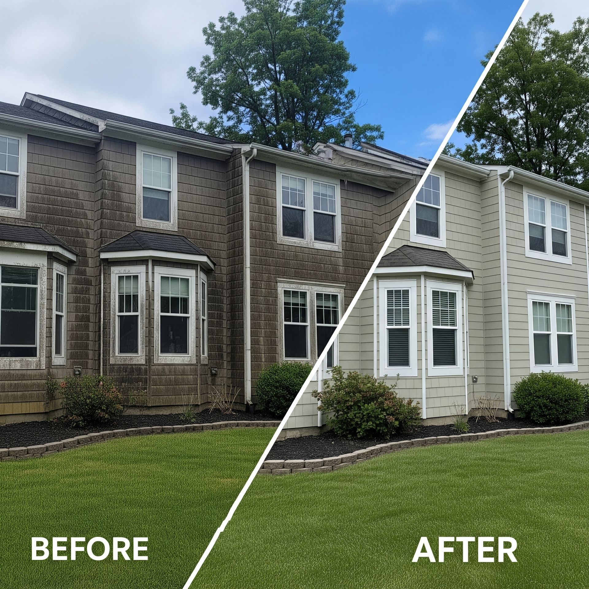 A before and after picture of a house with a lot of windows.