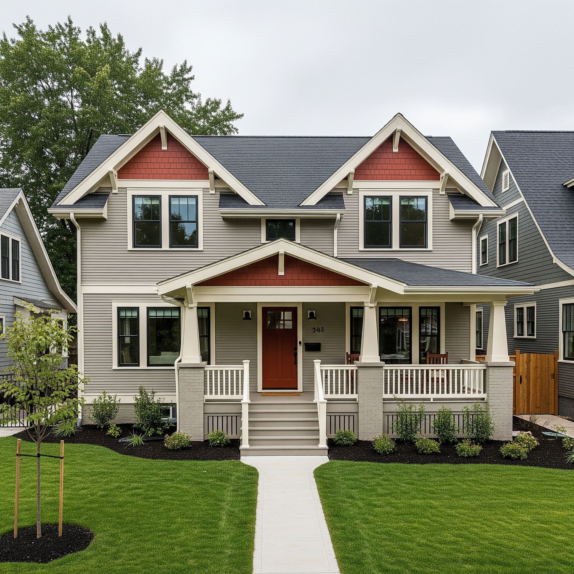 A gray house with a red door and a porch