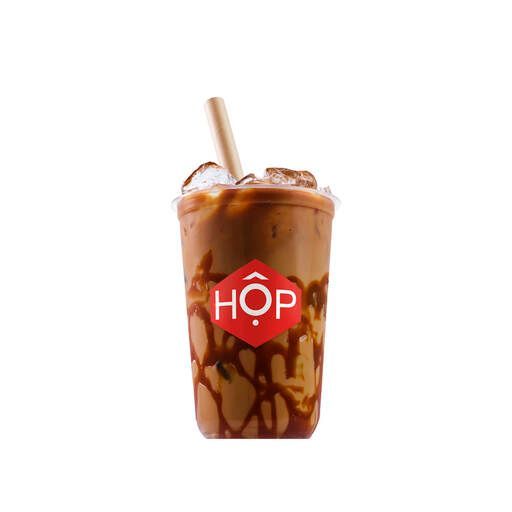 Iced Vietnamese coffee with condensed milk swirl from HOP Vietnamese, served in a branded takeaway cup with ice and straw – best Vietnamese iced coffee in London.