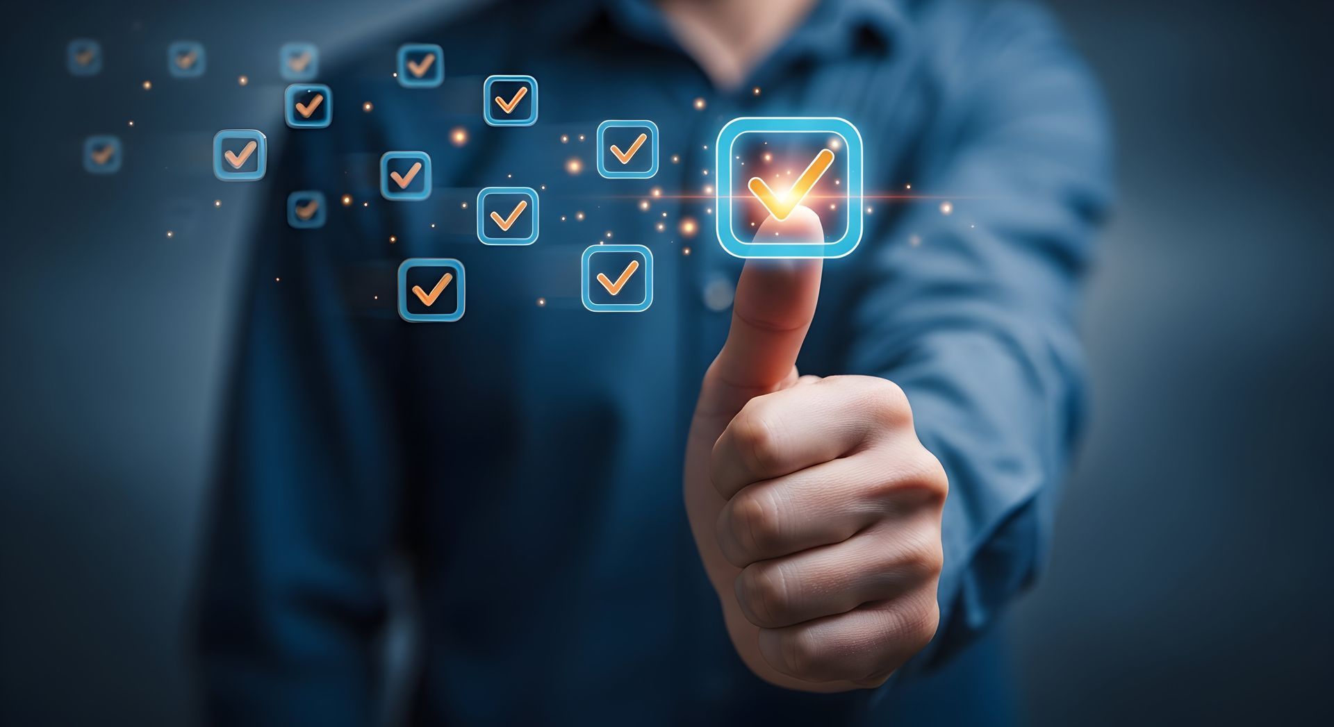 Person's thumb pressing a glowing checkmark in a digital interface, surrounded by other checkmarks.