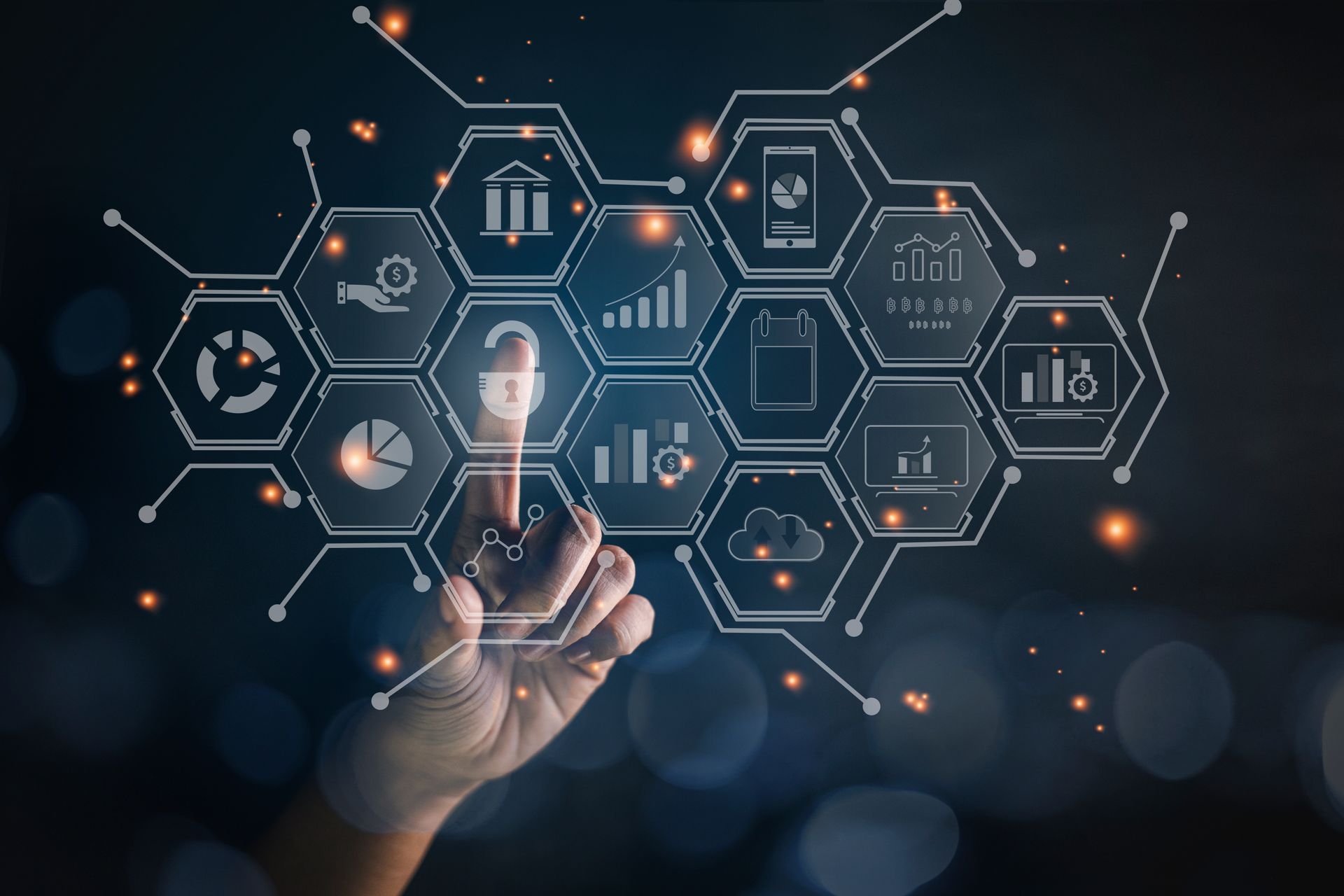 Hand touching a glowing, digital interface of connected icons, representing data analysis and cloud computing.