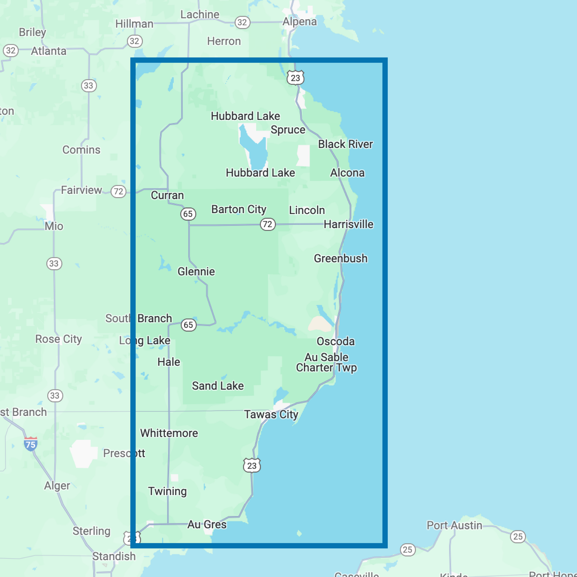 A map of the northeastern part of michigan with a blue border around it