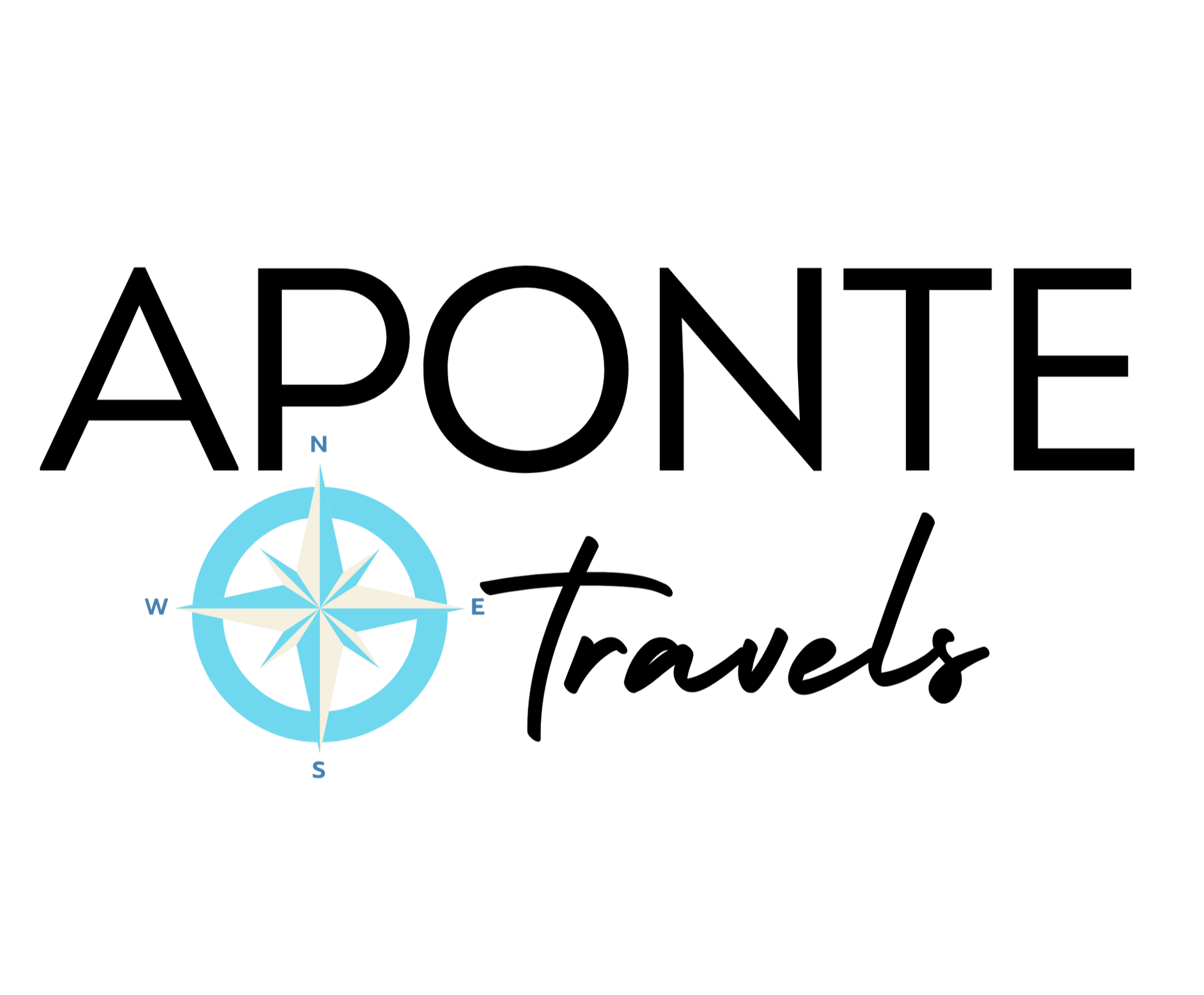 Logo: "Aponte Travels" with a compass rose in light blue.