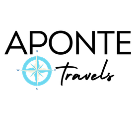 Logo: "Aponte Travels" with a compass rose in light blue.