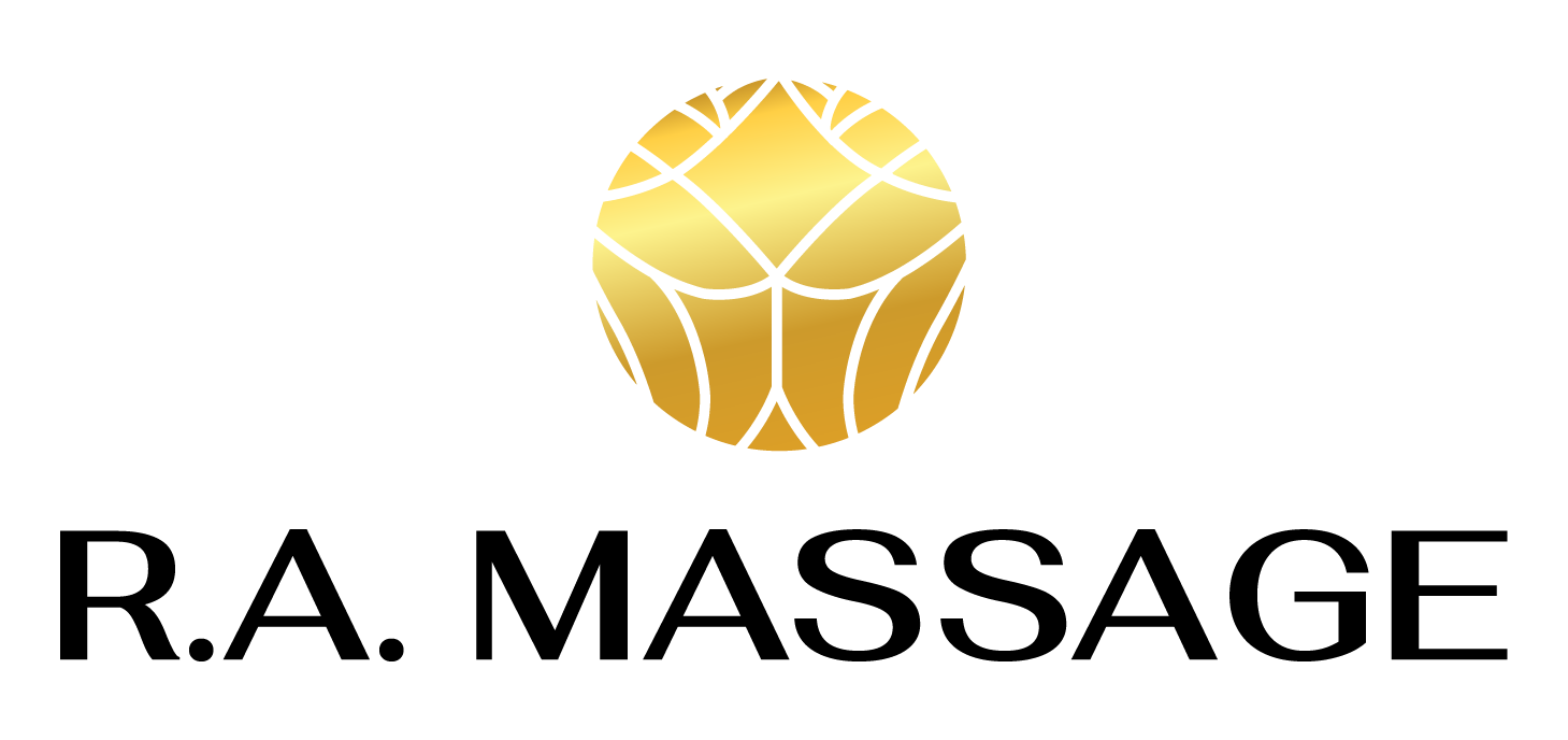 A logo for r.a. massage with a gold ball in the middle.