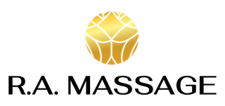 A logo for r.a. massage with a gold ball in the middle.