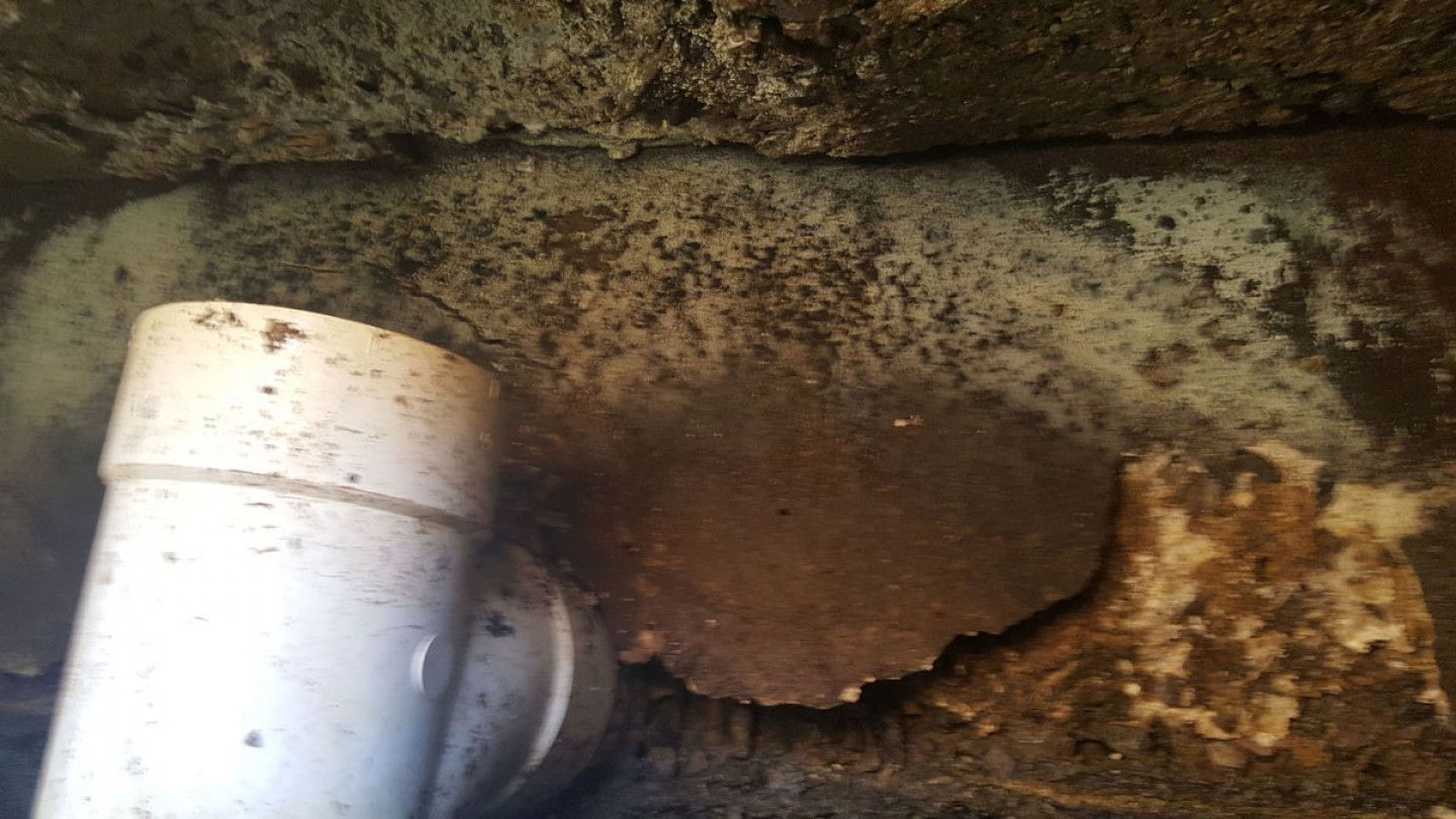 A white pipe is sitting in the dirt next to a brick wall