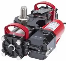 Apriporta da garage rosso e nero con albero e maniglie.