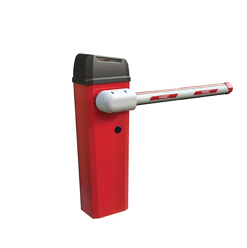 Barriera di parcheggio automatica rossa e nera con braccio a strisce, pronta all'uso.