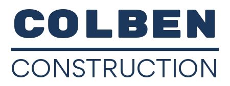 Logo for Colben Construction, dark blue letters on white, 