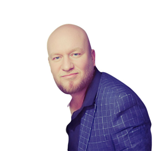 A bald man with a beard is wearing a blue plaid jacket