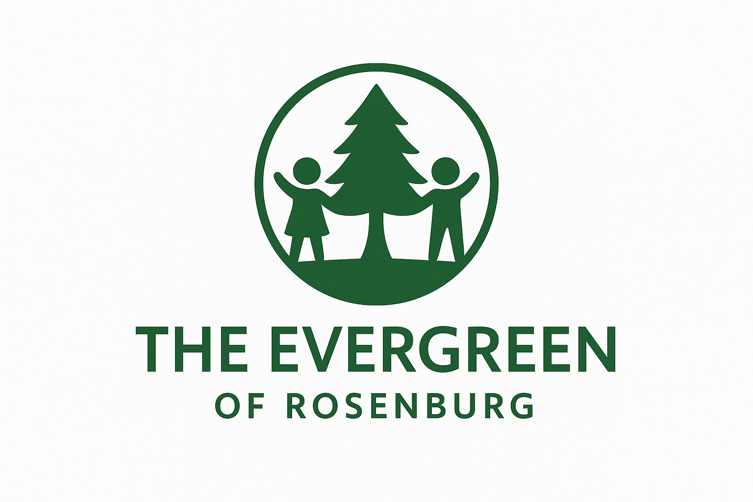 Logo for The Evergreen of Rosenberg: Green circle with evergreen tree, two children, and text.