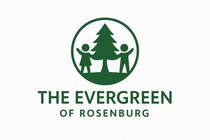 Logo for The Evergreen of Rosenberg: Green circle with evergreen tree, two children, and text.