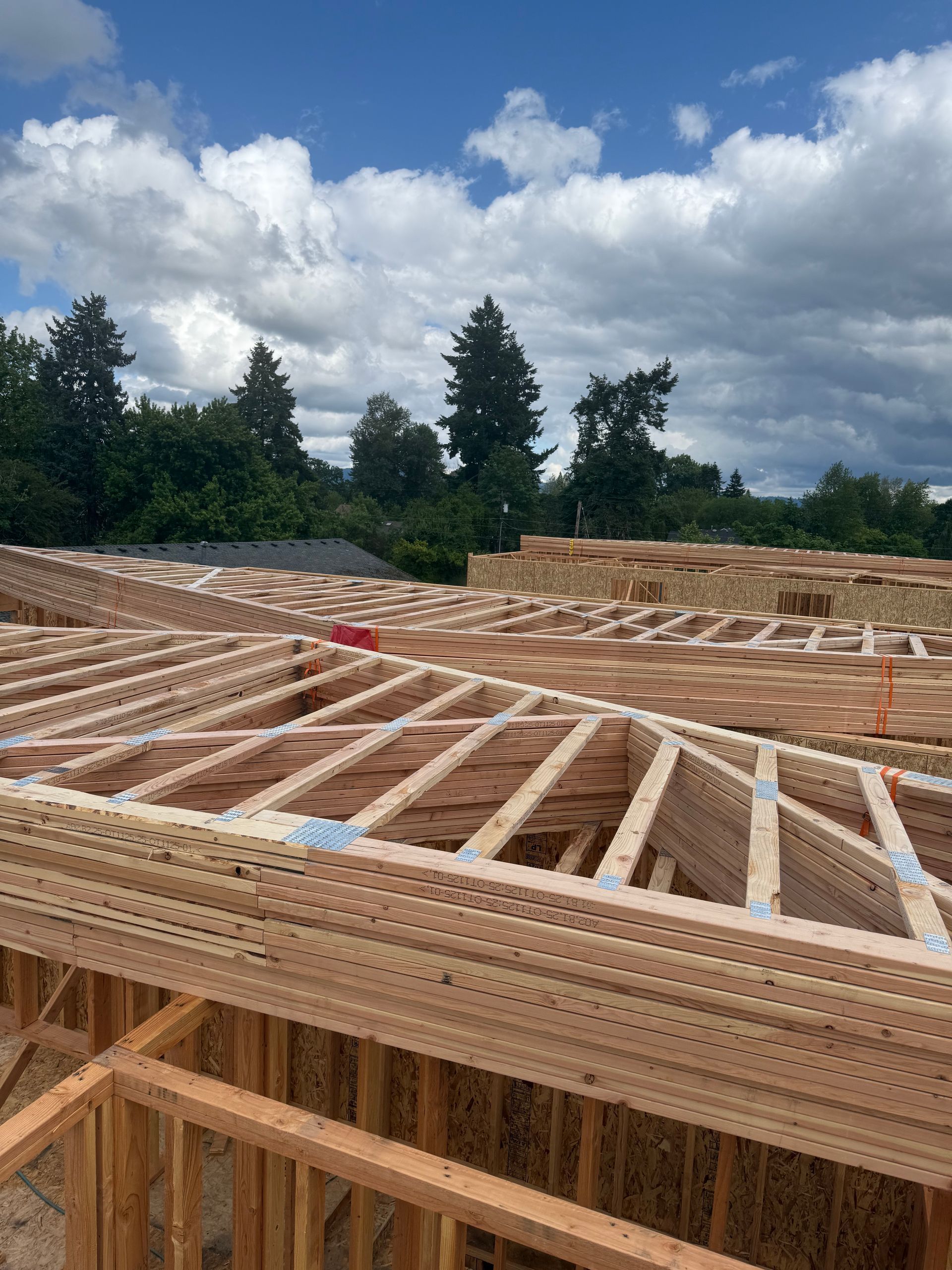 Wooden framework of a building under construction, blue sky and clouds in the background.