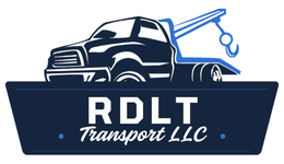 The logo for rdlt transport llc shows a tow truck with a hook attached to it.