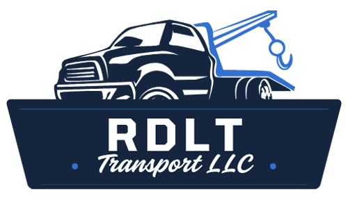The logo for rdlt transport llc shows a tow truck with a hook attached to it.
