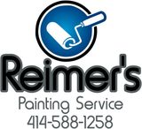 Logo for Reimer's Painting Service: a paint roller inside a blue circle; company name and phone number below.