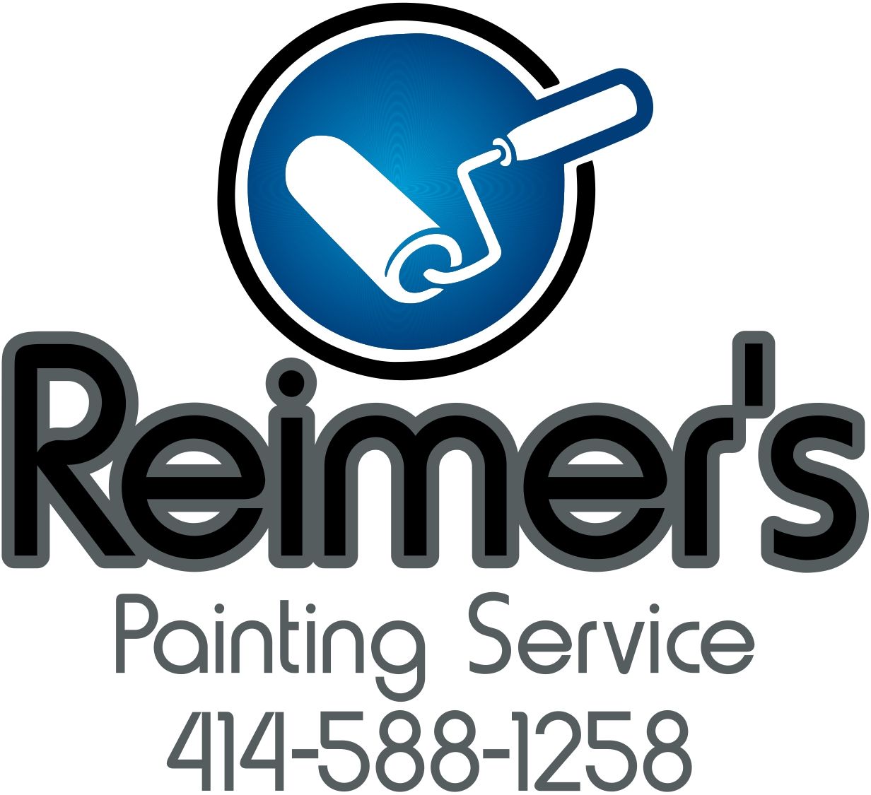 Reimer's Painting Service Logo for Reimer's Painting Service: a paint roller inside a blue circle; company name and phone number below.