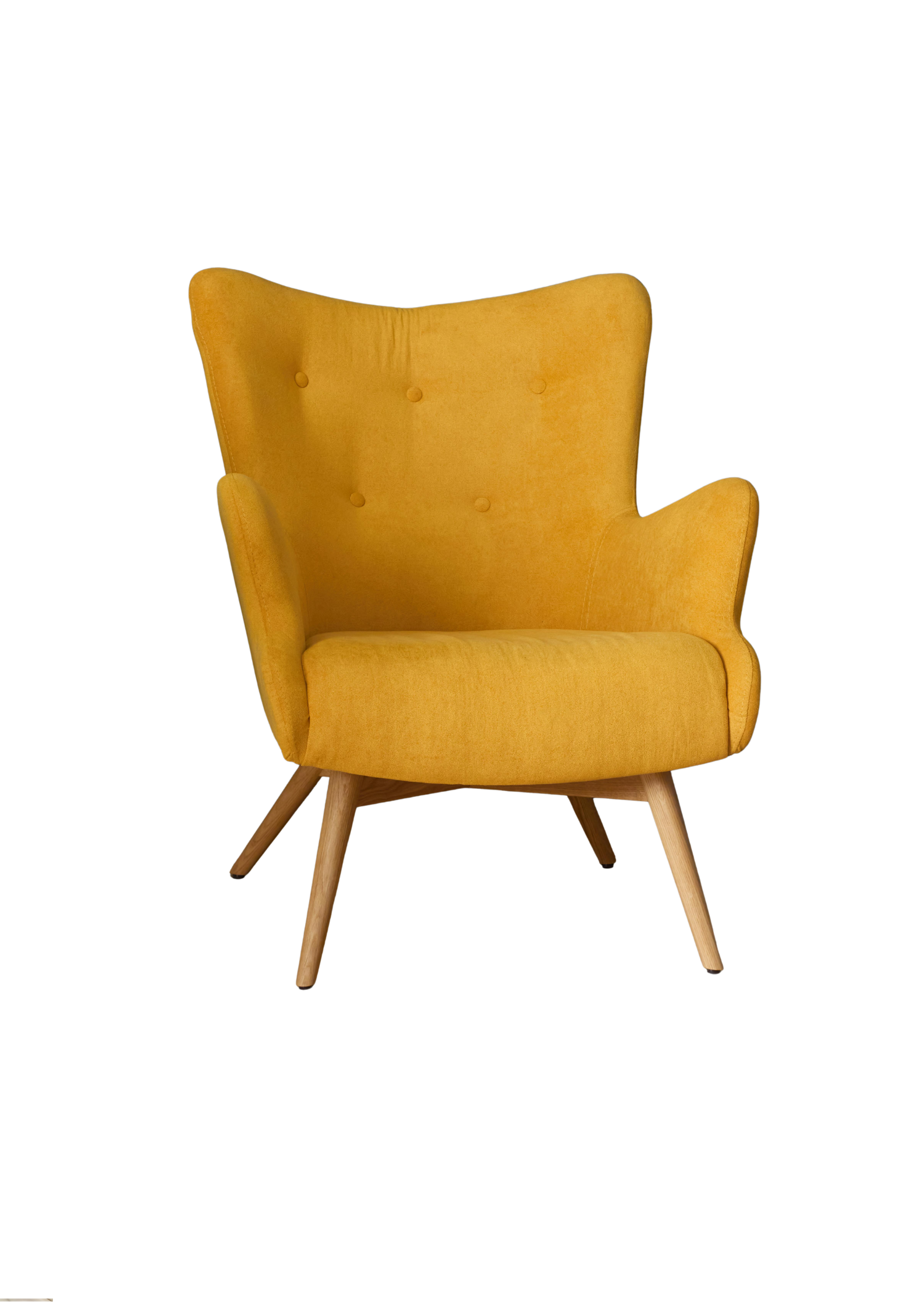 Yellow upholstered armchair with wooden legs.